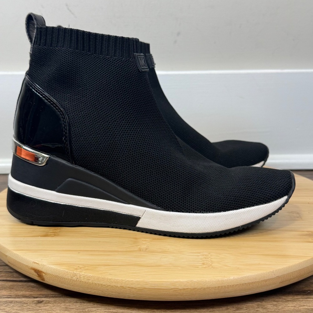 Michael Kors Skyler Sock Sneakers Women 7/7.5? Black Wedge Patent Trim Sporty